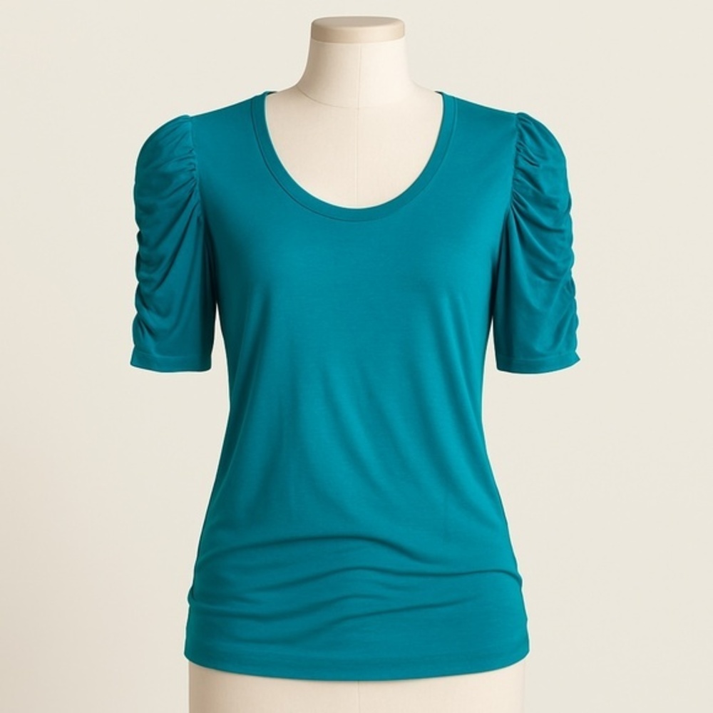 Ann Taylor Teal Ruched Puff Sleeve Tee Soft Stretch Knit Top Size M